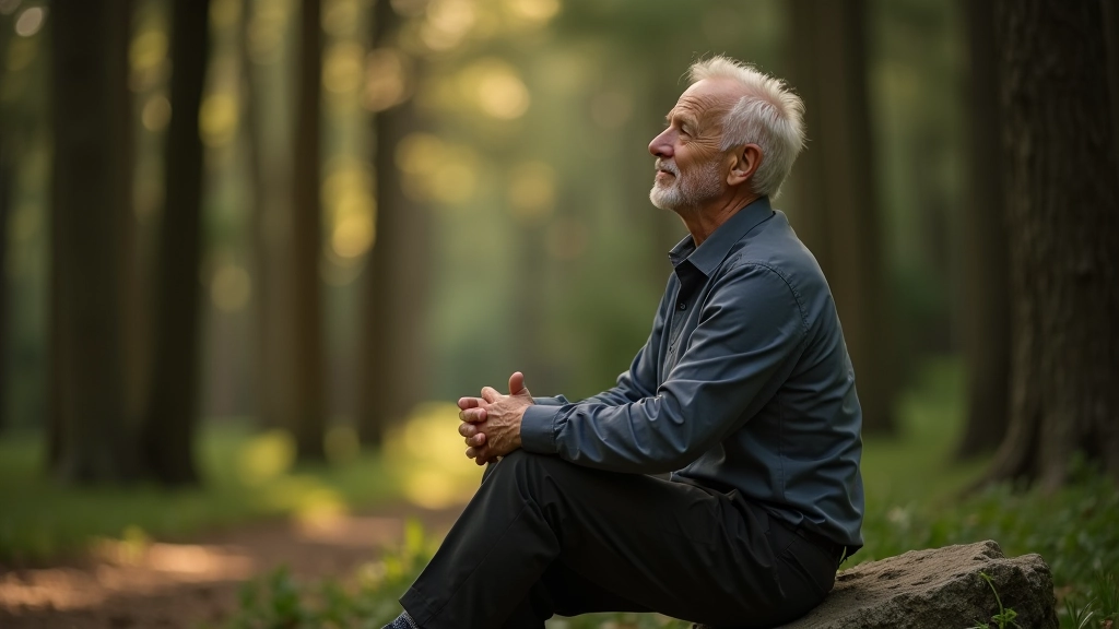 Seniora vīrs sēž uz akmens meža klajumā, viegli smaidīdams, meditācijas pozā, mierīga gaisma caur kokiem